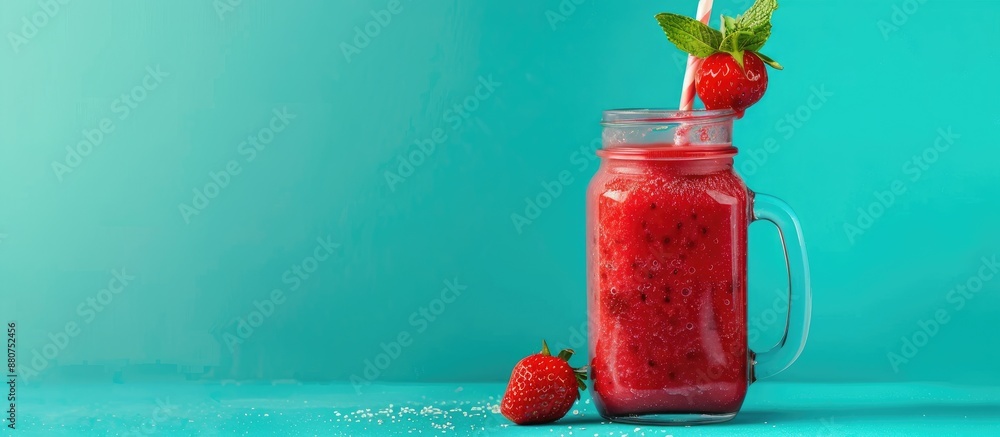 Poster glass jar filled with a freshly blended red fruit smoothie positioned against a turquoise blue backd