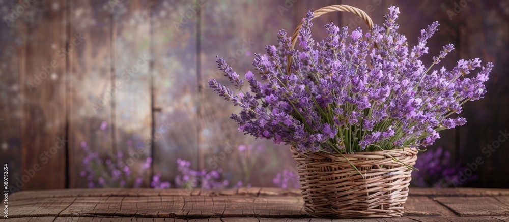 Poster A rustic bouquet of lavender arranged in a basket on a wooden table offers a romantic ambiance with a rustic touch ideal for a copy space image