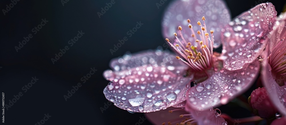 Leinwandbilder close up image of dew covered sakura flowers against a black backdrop with space for text. copy spac