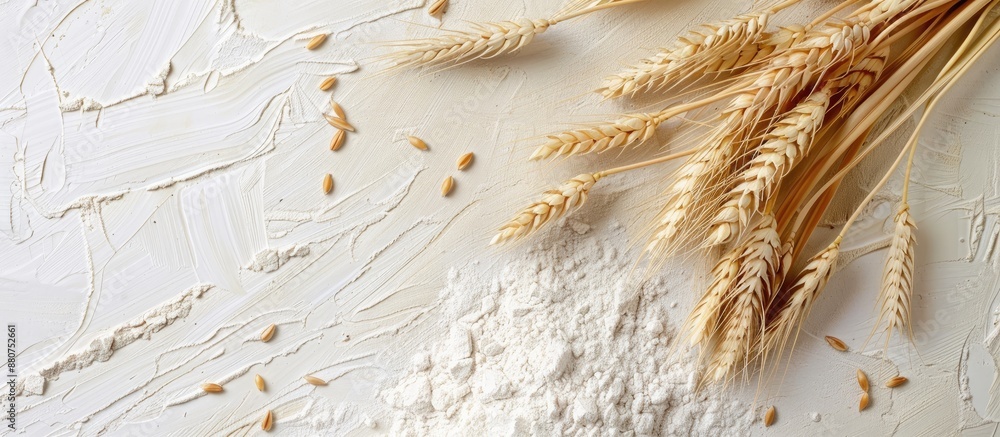 Aufkleber A light background displaying wheat flour and wheat spikelets with a copy space image
