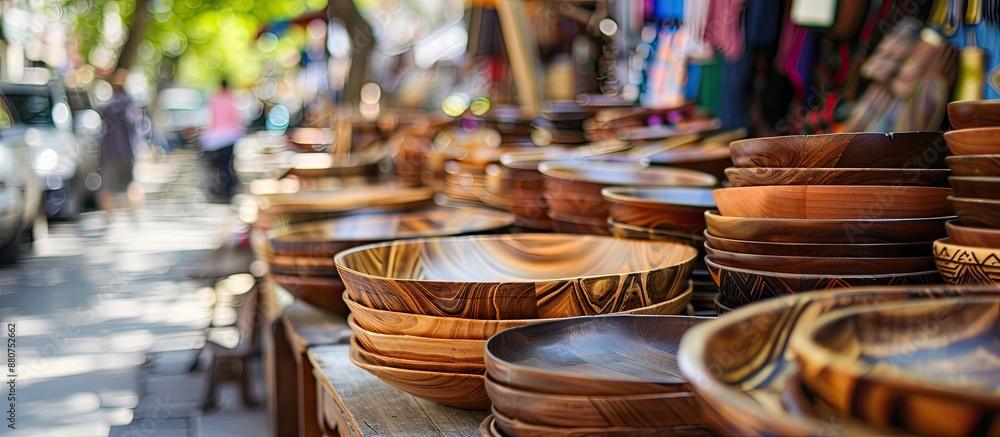 Poster wooden tableware elegantly displayed on a busy street market with ample copy space images