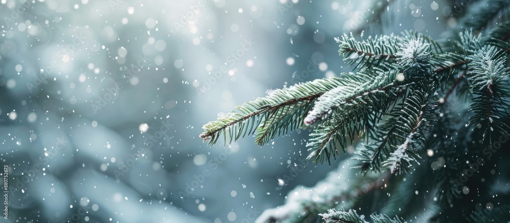 Aufkleber Snow covered fir branches in a serene winter setting with gently falling snowflakes create a calming winter backdrop with ample copy space image