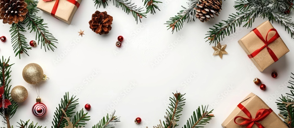 Fototapete Top view of a festive Christmas background featuring tree branches decorations gift boxes with ribbons on a white background perfect for adding text with copy space image