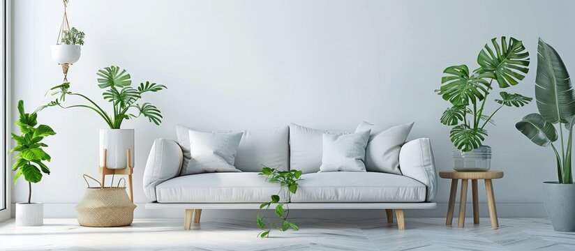 Modern stylish living room interior with a sofa and houseplants perfect for a copy space image