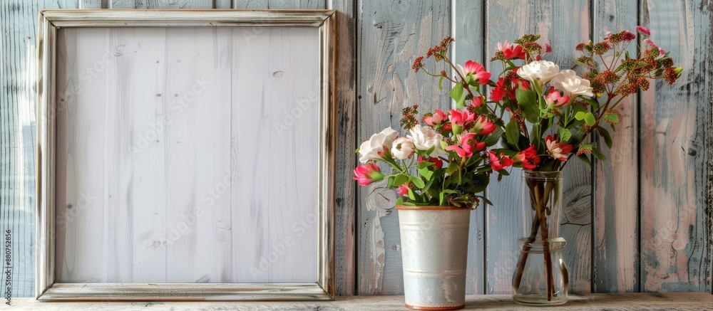 Poster A wooden picture frame displayed on an old wooden table with two flower bouquets as a decoration creating a charming setting with copy space image