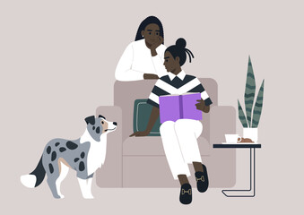 A Quiet Afternoon With a Furry Companion, Two partners sit together on a couch, one reading a book and the other listening intently, while their dog stands by, watching with interest