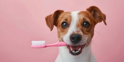 Dog happily holds pink toothbrush enjoying brushing teeth. Concept Dog Care, Pet Dental Health, Grooming Routine