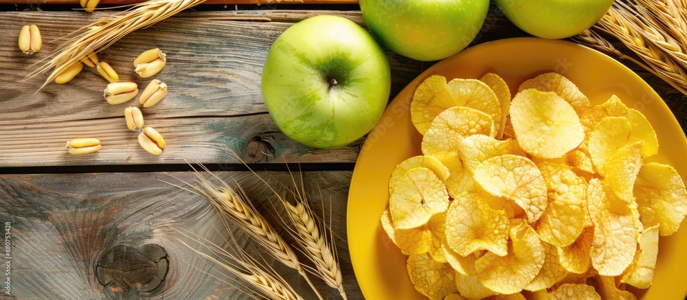 Poster top view of apple chips on a yellow plate surrounded by a green apple and wheat spica on a wooden ta