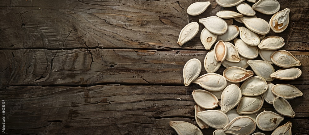 Poster an array of pumpkin seeds laid out on a vintage wooden table with ample copy space for text or desig