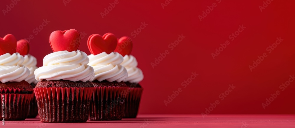 Aufkleber delicious cupcakes in a row on a red backdrop with copy space image for valentine s day celebration