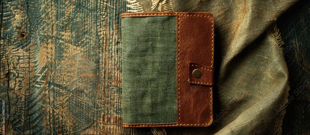 Poster top view of a green linen fabric wallet with brown real leather on a copy space image