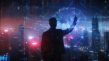Successful Corporate Leader Grasping Worldwide Connectivity System with Infographic Elements in Futuristic Urban Backdrop