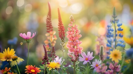 A vibrant garden filled with colorful wildflowers, blooming in the warm sunlight of springtime. creating an enchanting scene that captures nature's beauty at its most lush.