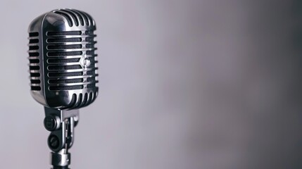 Fototapeta premium Vintage microphone on white background with copy space for sound equipment concept orizontal image for seminars and conferences