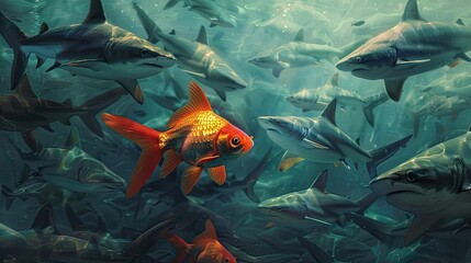 Ambitious Goldfish Amidst Predatory Sharks   Conceptual Business Portrait