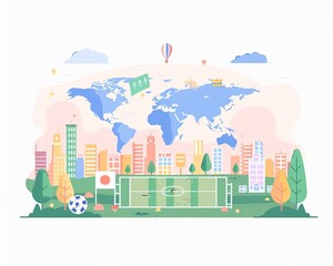 Sports field, world continents, silver award ceremony, flat design illustration