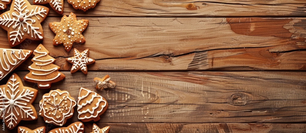 Poster Christmas cookies displayed on a wooden table with a blank space for text or images suitable for a copy space image