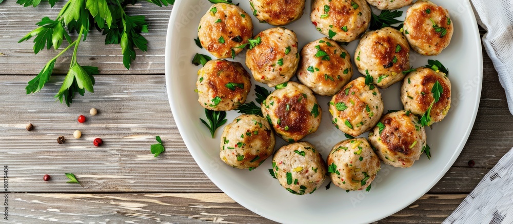 Poster chicken meatballs with a turkish twist seasoned with coriander parsley chili and pistachio arranged 