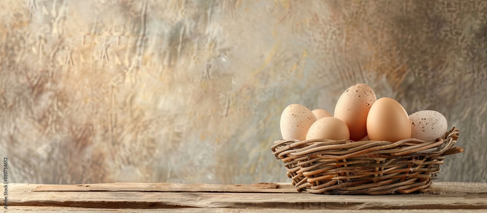 Poster Eggs in a basket with a background perfect for adding your own content creating a copy space image