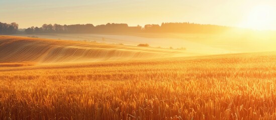 Fototapeta premium A picturesque rural landscape with golden fields bathed in sunlight offers an ideal background for showcasing nature agriculture and harvest themes perfect for a wallpaper or backplate with copy spac