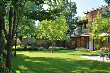Yard. Green large fenced backyard with trees in exterior of house design