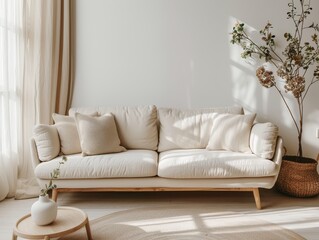 Bright Living Room with Beige Fabric Sofa and White Ceramic Vase - Clean, Simple Style, Natural Lighting, and High-Resolution Details, Capturing Modern Home Interior Design in Soft Tones