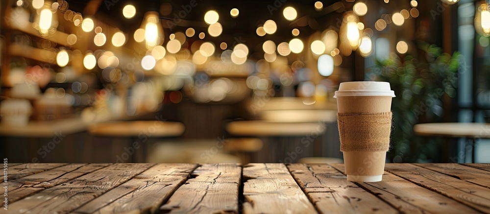 Poster Perfect for showcasing your products this image features a focused empty wooden table with a blurred coffee shop background ideal for using as a copy space image