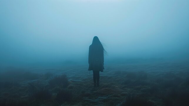 Solitary person engulfed by darkness radiating a sense of utter despair with barely perceptible light in the distance enhancing the feeling of isolation and helplessness