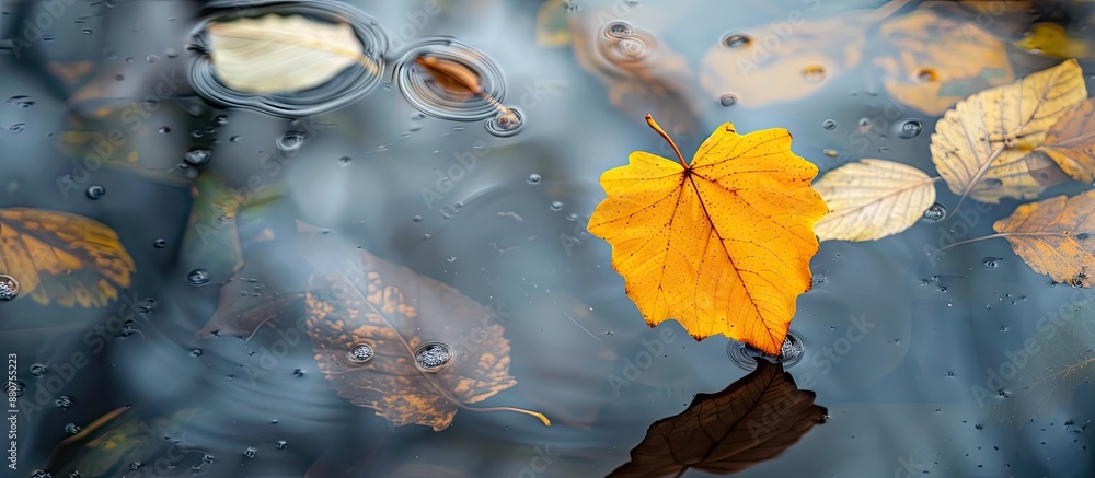 Poster heart shaped yellow leaf floating on the water surface with copy space image