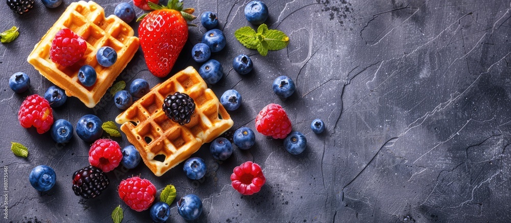 Poster Stone table with waffles and berries seen from above ideal for placing your text within the scene. copy space available