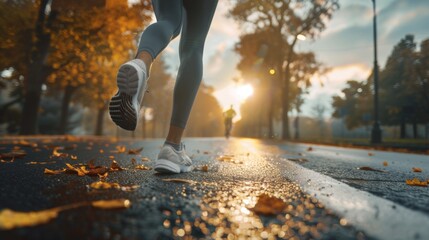 Jogging on the road in the morning.