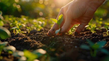 Fototapeta premium Fingers of a gardener gently planting a seedling in fertile soil, perspective shot with a wide-angle lens capturing the earthy tones and natural sunlight of the outdoor setting.