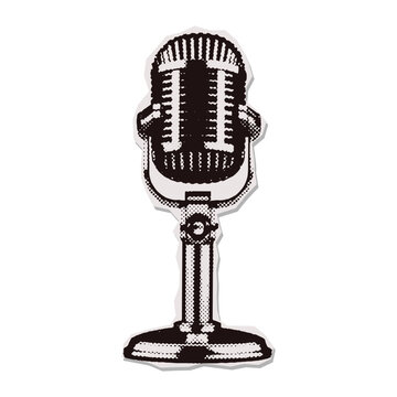 Halftone collage element vintage desktop microphone on stand isolated on transparent background. Craft dots texture retro vintage pop art style collage element for mixed media crazy design for poster