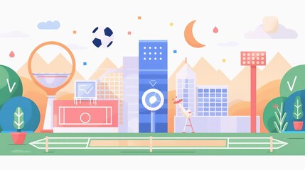 Fototapeta premium Worldwide sports day, various fields, silver cups, flat design illustration