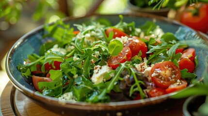Vibrant Mediterranean Style Salad Plate with Fresh Greens Juicy Tomatoes Creamy Feta and Nutty Whole Wheat Pita