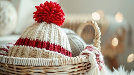 Red and white striped hat with a large red pompom in a wicker basket near white decor