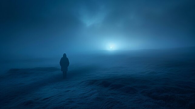 Solitary person engulfed by darkness radiating a sense of utter despair with barely perceptible light in the distance enhancing the feeling of isolation and helplessness