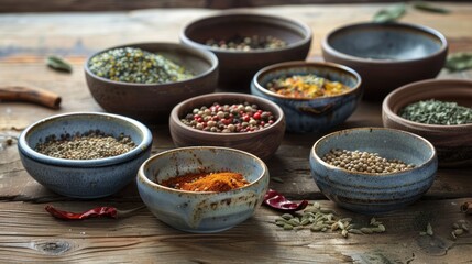 Fototapeta premium Assortment of Aromatic Spices and Condiments in Ceramic Bowls on Rustic Wooden Table