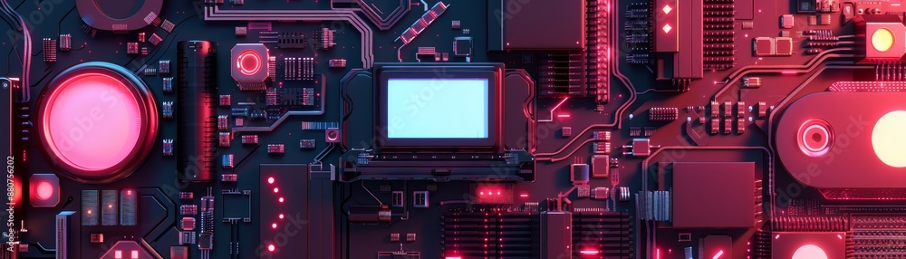 Poster close-up of a vibrant red and black electronic circuit board with various microchips and components 