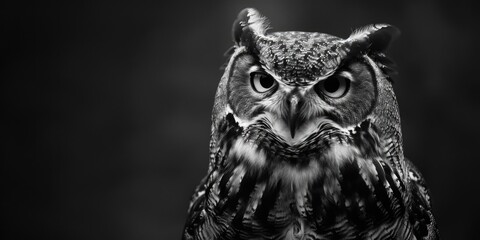 A close-up shot of an owl's face in black and white