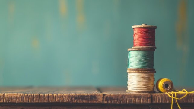 Image of antique spools with colorful threads on vintage sewing table with space for text Retro filter on Instagram - Powered by Adobe