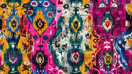 Fototapeta premium Colorful abstract pattern with geometric and floral elements. Vibrant and intricate design suitable for fabric, wallpaper, and backgrounds.