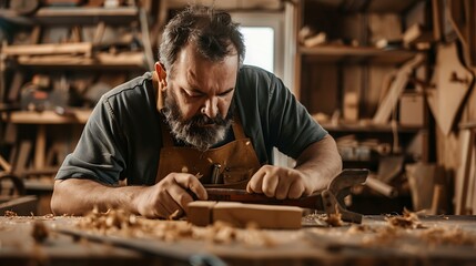 Crafting Confidence: Plus-Size Man Engaged in Carpentry Workshop with Focused Expression and Hands-On Activity