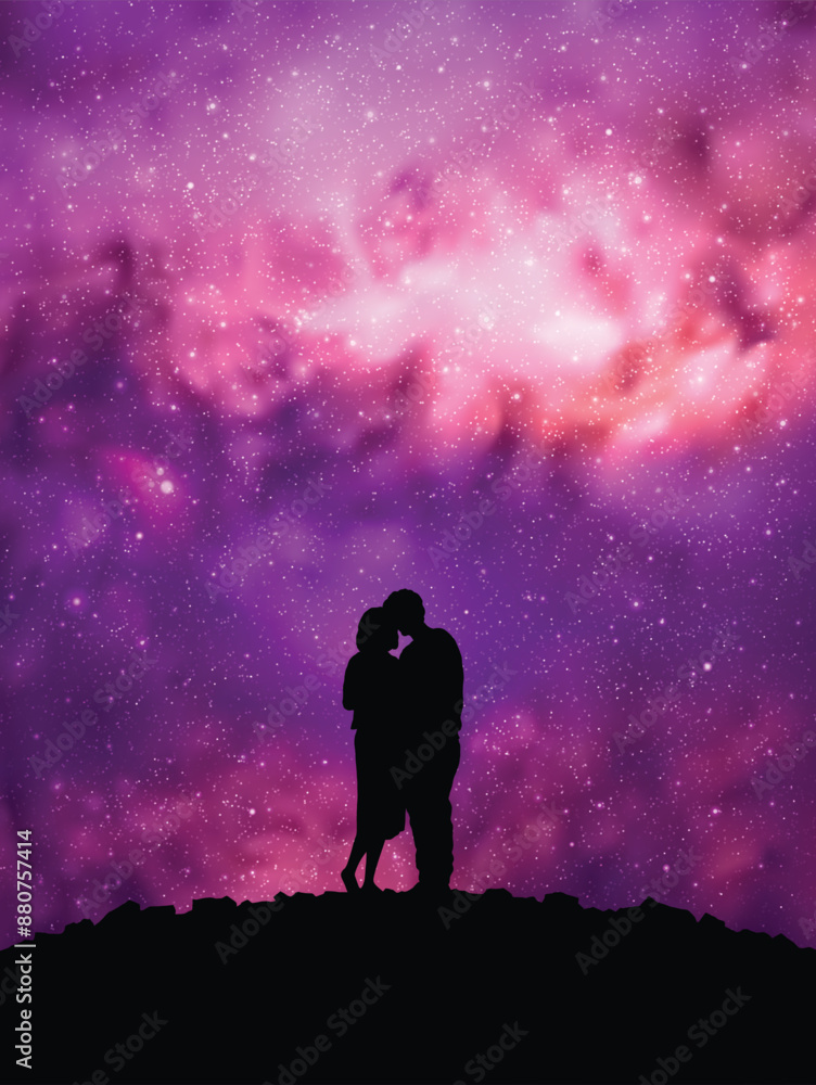 Sticker lovers embrace on top of mountain. romantic night sky with pink nebula