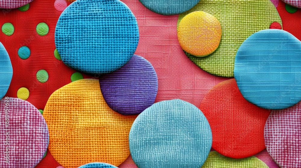 Poster colorful overlapping fabric circles on red and pink backgrounds with polka dots create a vibrant and