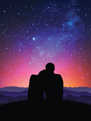 Lovers sitting on top of mountain. Honeymoon. Milky Way in night sky