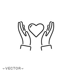 hands holding heart icon, concept charity or donate, health family care or insurance, thin line symbol isolated on white background, editable stroke eps 10 vector illustration