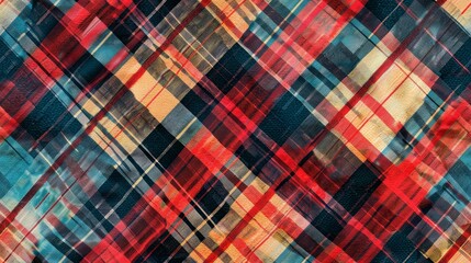 Colorful plaid fabric pattern with intersecting lines in red, blue, and yellow, creating a vibrant, textured, and dynamic design.