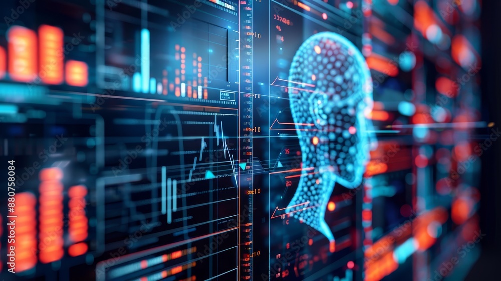 Poster digital human head integrated with data and futuristic technology interface, representing artificial