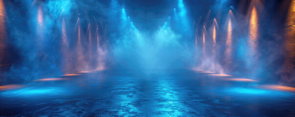 Naklejka premium Empty room, stage filled with smoke and illuminated with blue and yellow light, copy space.